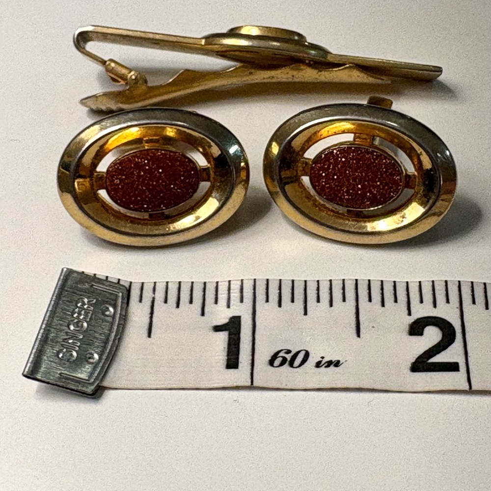 Vintage Anson Gold Tone Cufflinks Tie Bar Set Brown Goldstone - Picture 6 of 6